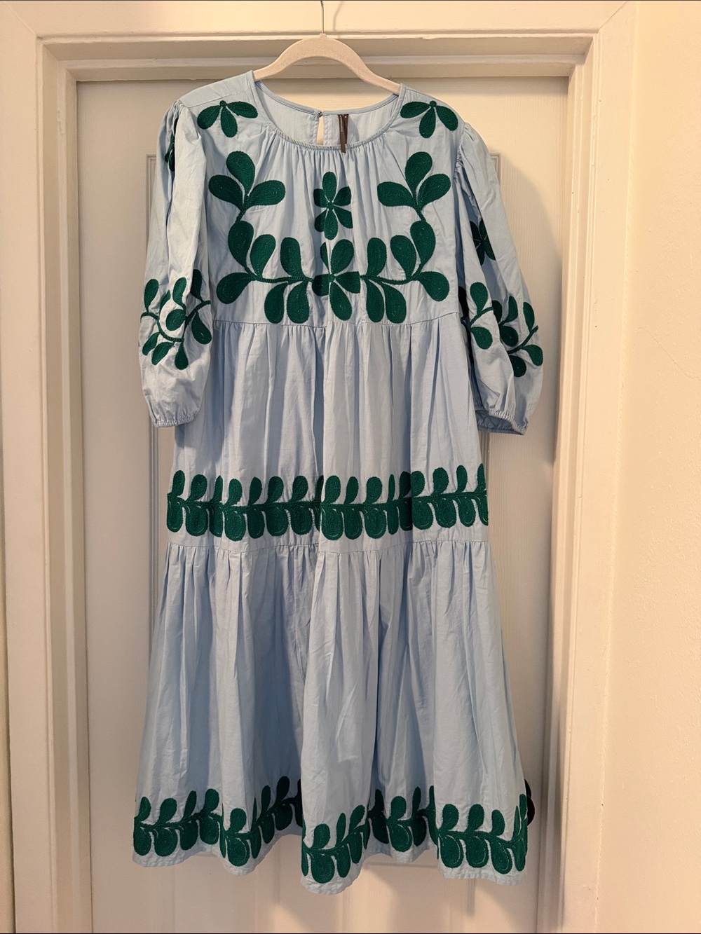 Light Blue Dress with Green Embroidered Trim